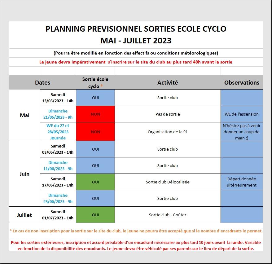 Planning ecole cyclo 2023 mai juillet